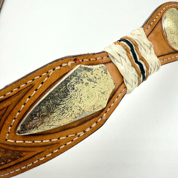 Nocona Western Concho Belt 30 Brown Leather Tooled Basketweave Rawhide Brass - Picture 12 of 12